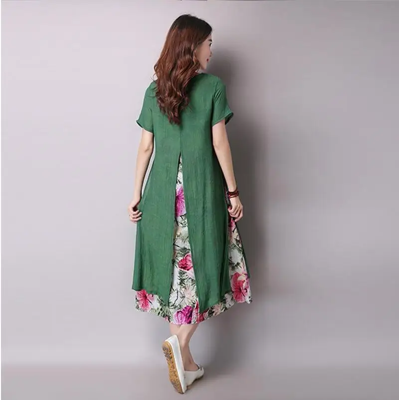 2017 винтажное женское платье с круглым вырезом и коротким рукавом Двухслойное