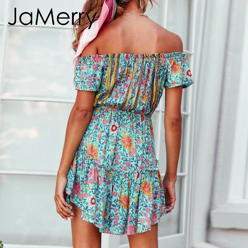 JaMerry винтажное сексуальное Бохо с открытыми плечами принтом Короткое женское