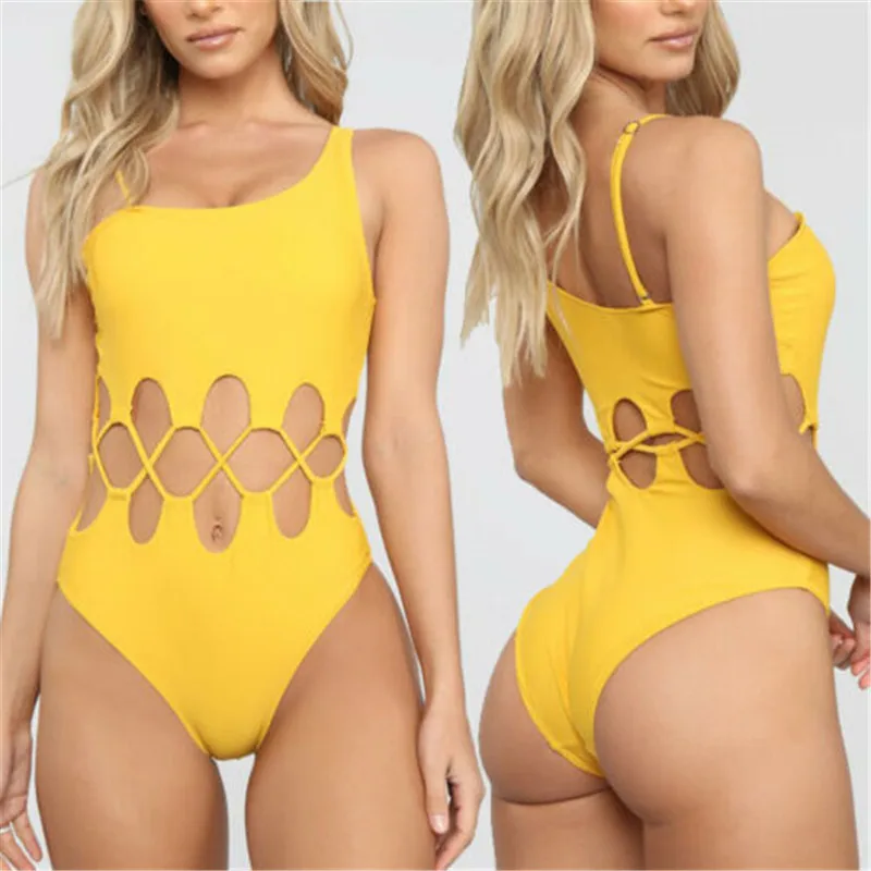 

Women Sexy strap Beach Bodysuit One Piece Hollow Solid Color Swimsuit summer hot Bathing Suit Monokini Jumpsuit 3 colors