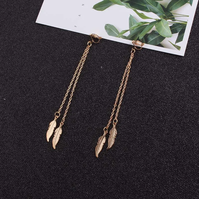 

JIOFREE Long chain Alloy feathers Clip on Earrings Non Piercing For Women Girts Fashion Party Wedding Ear Jewelry Gifts