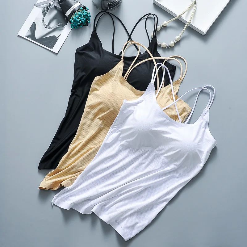 Summer Ice Silk No Ttrace Sling Vest Bra with Detachable Chest Pad Comfortable Breathable Fabric Sleep Underwear | Женская одежда
