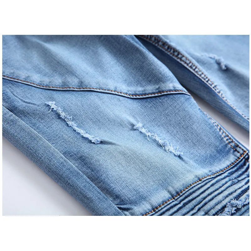 European New Mens Skinny High Jeans Slim Fold Men Brand Designer Denim Pants Super Luxury Light Blue Locomotive Male | Мужская одежда