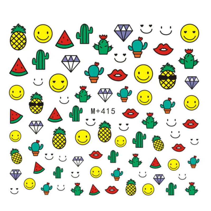 3D наклейки для ногтей цветные летние на ногти кактус Смайл ананас Харадзюку