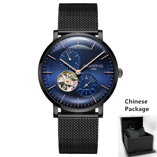 Black Blu ste C8024C Карнавальные ультратонкие турбийон Авто механические часы для мужчин люксовый бренд полностью стальные водонепроницаемые мужские часы relogio kol saati - Цвет: Black Blu ste C8024C