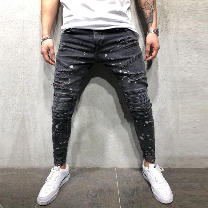 Мужские рваные джинсы Slim Fit Проблемные Джинсовые штаны уличная мужской хип хоп
