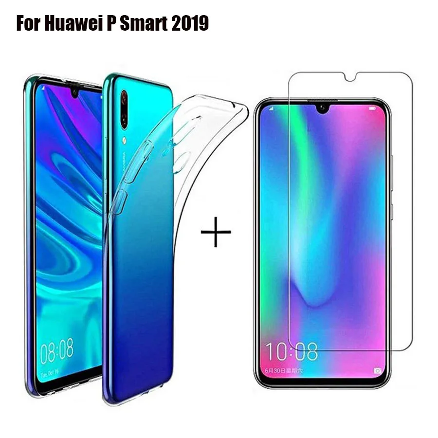 2.5D 9H Protective Full Cover Tempered Glass Screen Protector + Phone Soft TPU Clear case for Huawei P Smart 2019 |