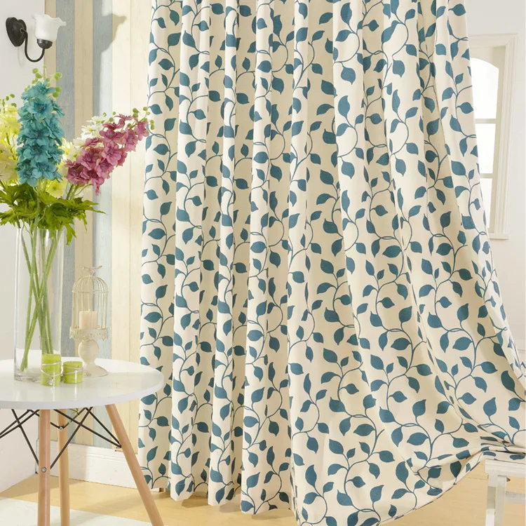 hot sale luxury customized polyester linen cotton green blue leaves printing door decoration window groment drape curtain fabric | Дом и сад