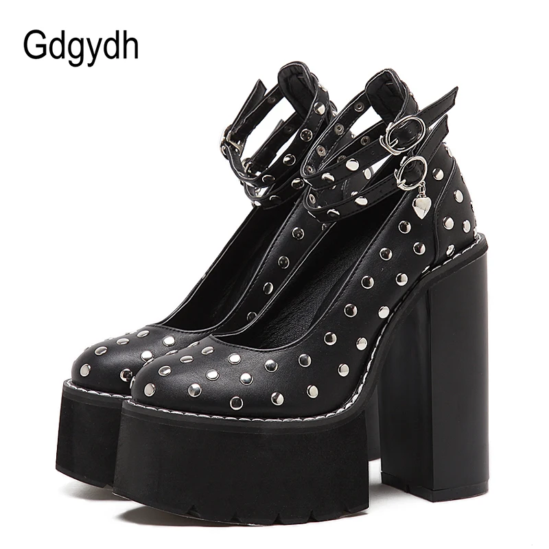 

Gdgydh Fashion High Heels Pumps For Women Spring Autumn Round Toe Ankle Buckle Leather Female Platform Shoes Rivet Gothic Punk