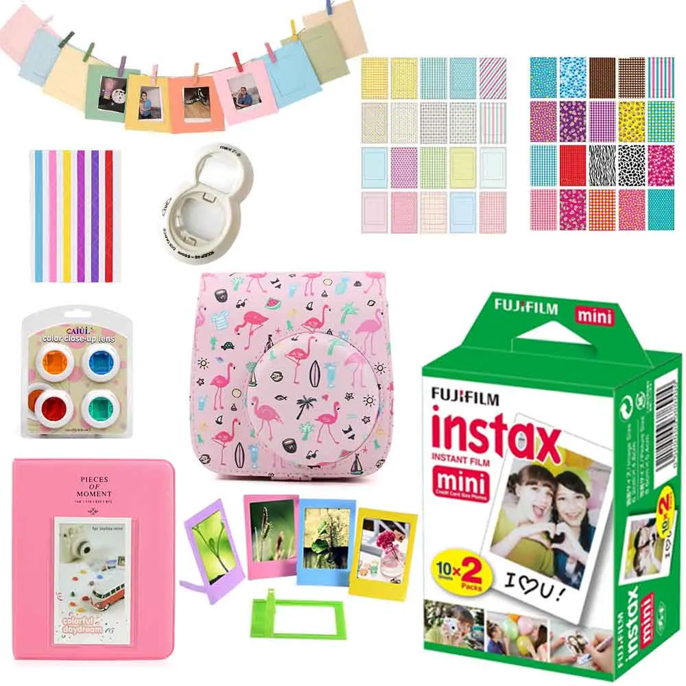 Flamingo Pink Set Для Fujifilm Instax Mini 8 Mini 9 мгновенная фото камера из искусственной кожи чехол сумка чехол+ 20 листов Instax Mini плёнки+ набор аксессуаров - Цвет: Flamingo Pink Set