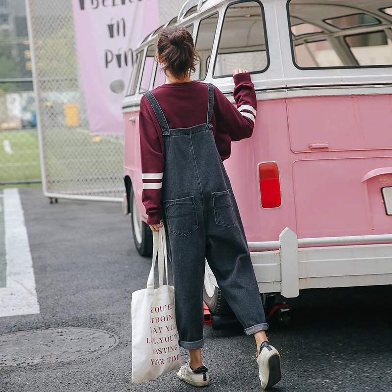 Black Jumpsuit Autumn Women 2018 New Loose Wide Leg Streewear Denim Overalls 4 Pockets Fashion Cool Jeans Jumpsuits | Женская одежда