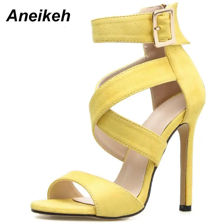 yellow Aneikeh/пикантные желтые сандалии; женские сандалии-гладиаторы; Новинка; летние модные женские модельные туфли на тонком каблуке с открытым носком и перекрестными ремешками - Цвет: yellow