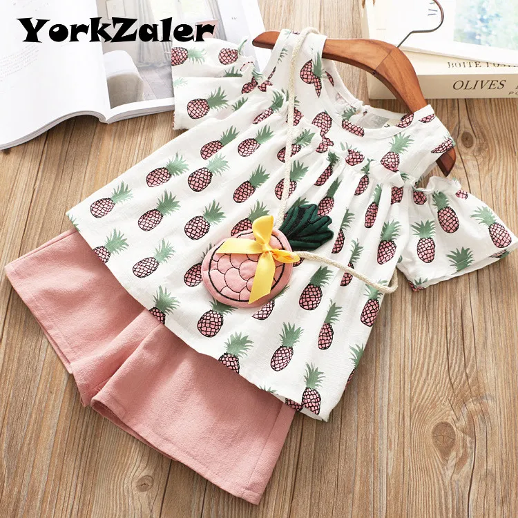 Фото YorkZaler новый комплект детской одежды для девочек с сумкой футболка ананасом +