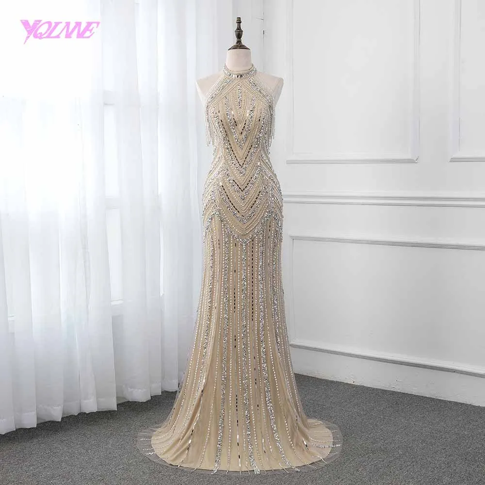 

YQLNNE Champagne Crystals Evening Dress Long Pageant Dresses Mermaid Evening Gown Competition
