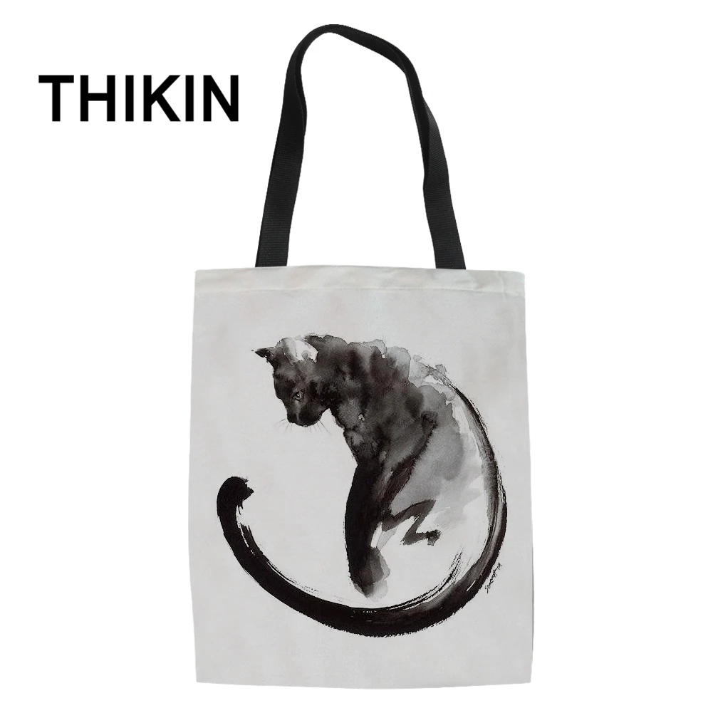 As Picture THIKIN Tote Женская Повседневная сумка с милым мультяшным цветком котом большая Холщовая Сумка на плечо Студенческая посылка для хранения книг складная сумка для покупок - Цвет: As Picture
