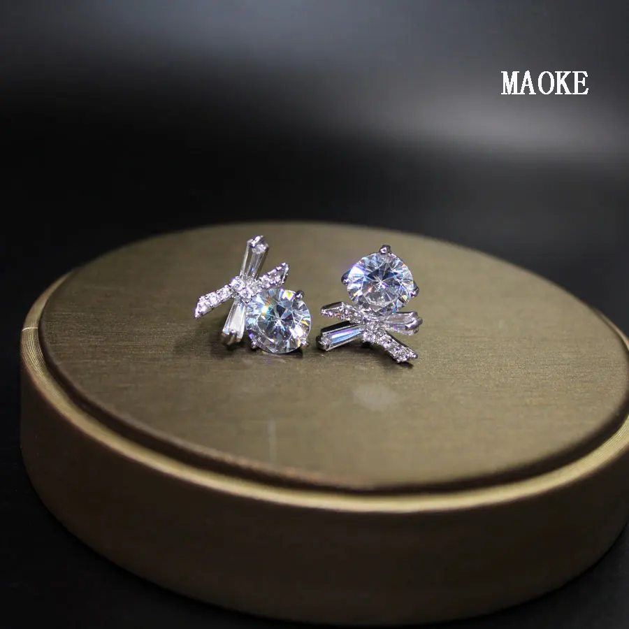 Модные циркониевые серьги с бантом простые в стиле ретро золотистые и