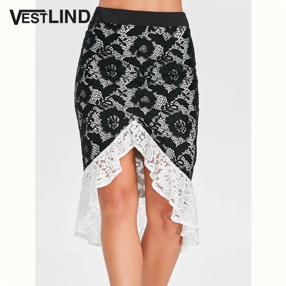 Женская кружевная юбка карандаш VESTLINDA облегающая средней длины с воланами и