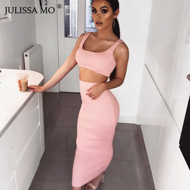 

JULISSA MO Two Piece Set Knitted Long Dress Women Summer Sleeveless Bodycon Pencil Dress Casual High Waist Party Dresses Outfits
