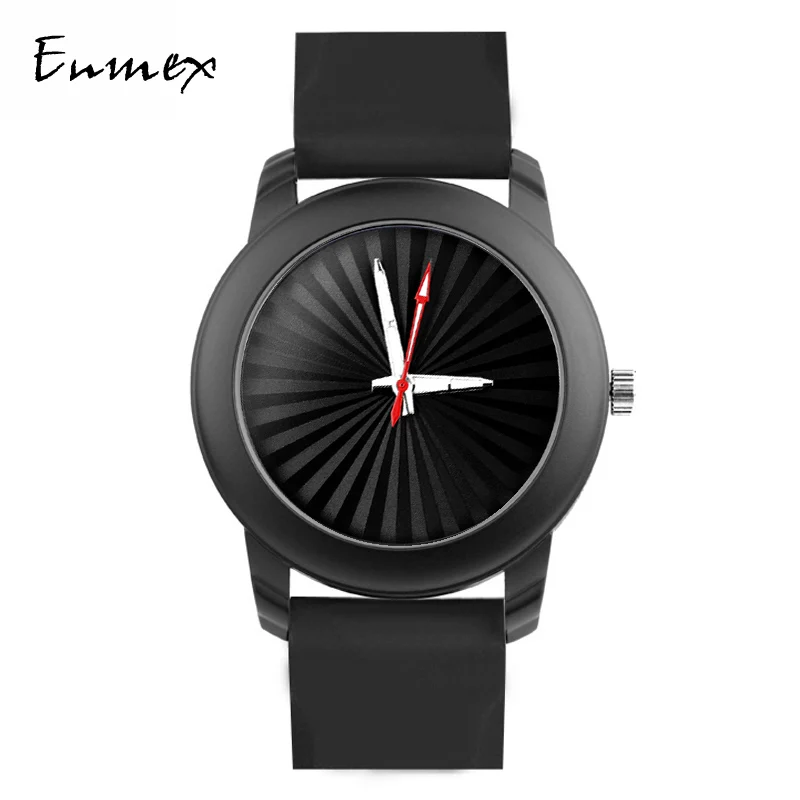 

2019 Enmex creative black wristwatch Luminous hands Solar stripe Genuine Silica gel strap fashion Stylish clock quartz watch