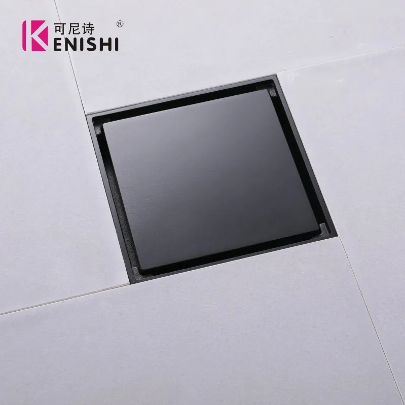 Черный сплошной латунный квадратный слив KENISHI 100x100 мм с защитой от запаха для