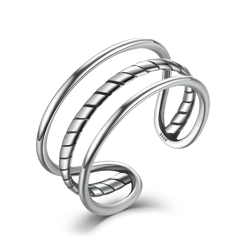 

2017 New Trendy Minimalist Real 100% 925 Sterling Silver Simple Triple Cuff Band Open Adjustable Ring Women Jewelry
