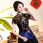 Женская Повседневная рубашка с коротким рукавом, черная классическая блузка в традиционном китайском стиле Тан с воротником-стойкой, винтажная одежда на лето