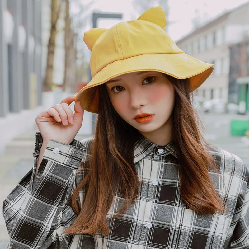 

Cute Cat ears Bucket Hat Women Hip Hop Cap Gorros Solid Color Unisex Casual Flat Hat Cotton Spring Fishing Bucket Hat Cap