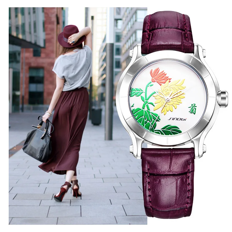 SINOBI элегантный китайский для женщин наручные часы кожаный ремешок Элитный бренд