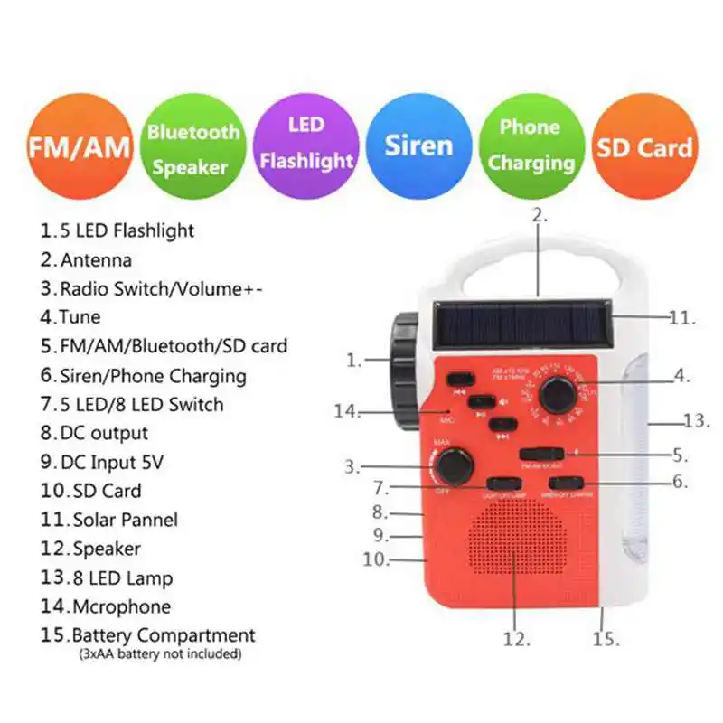 AM/FM Bluetooth наружное радио на солнечной батарее с динамиком аварийный приемник