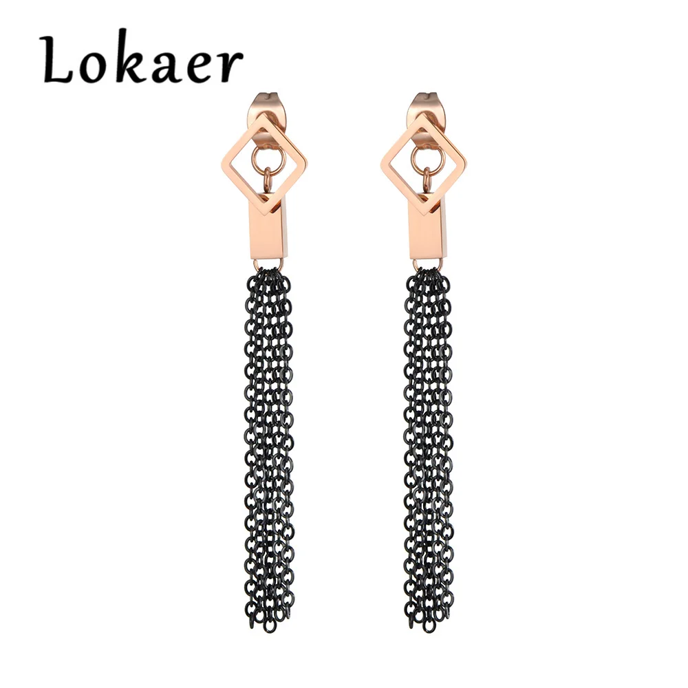 Loaker, отдельные серьги-гвоздики, розовое золото, нержавеющая сталь, с черными кисточками, модные ювелирные изделия, Ромб, булавка E18464 - Окраска металла: Покрытие из розового золота