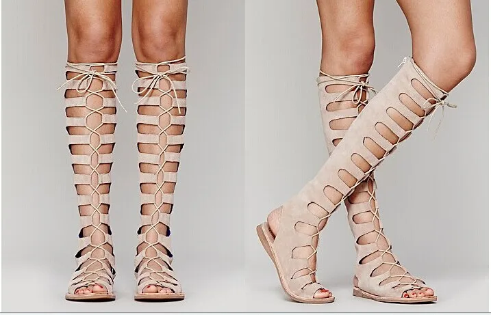 Новая мода Весна Осень над коленом сапоги Полых обувь плоским peep toe туфли На