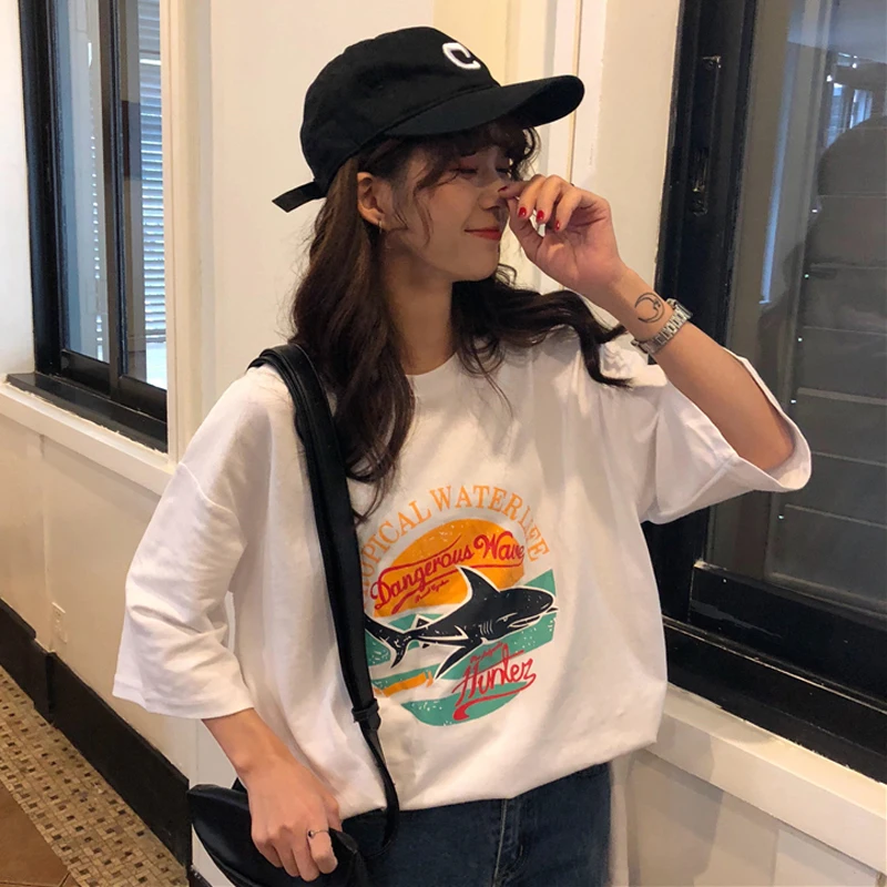 YouGeMan женская футболка 2019 корейский Ulzzang Harajuku Топ для женщин s мультфильм печатных