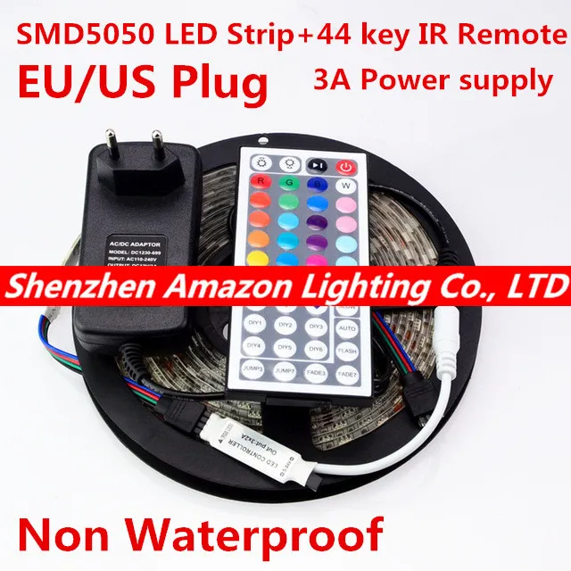 

5050 LED Strip 5M 300Led SMD RGB 60LED/M Lamps DC12V flexible light + 44key IR Remoter + 3A Power Lighting 5M/Roll