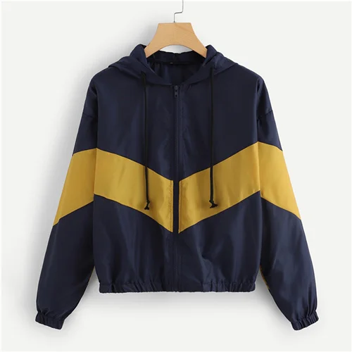 Navy SweatyRocks, темно-синяя ветровка на молнии с капюшоном, женская верхняя одежда с длинным рукавом,, осенняя куртка с капюшоном для активного отдыха - Цвет: Navy