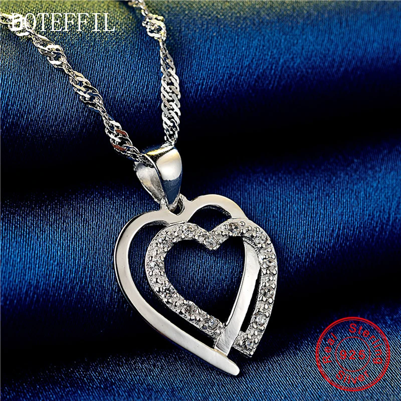 Женское ожерелье из серебра 925 пробы с кулоном в виде двух сердец|women jewelry|chain