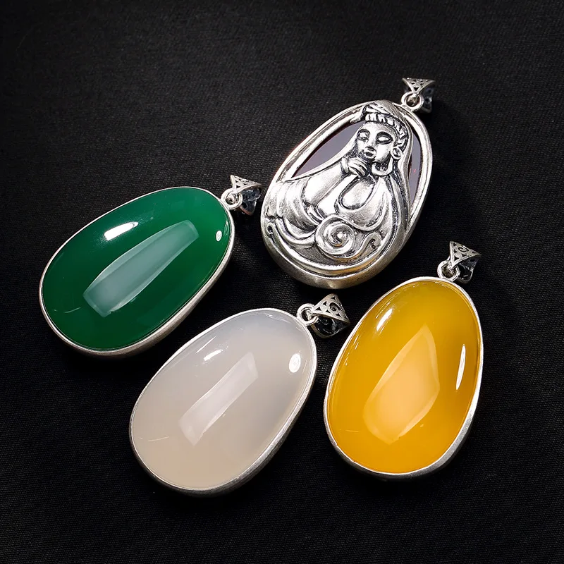 

silver avalokitesvara white yellow green chalcedony agate pomegranate red sweater chain pendant restoring ancient ways