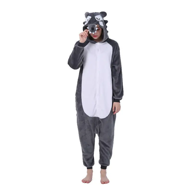 Black Wolf Kigurumi Onesie Adult Women Animal Pajamas Suit Flannel Warm Soft Sleepwear Onepiece Winter Warm Pijama Cosplay