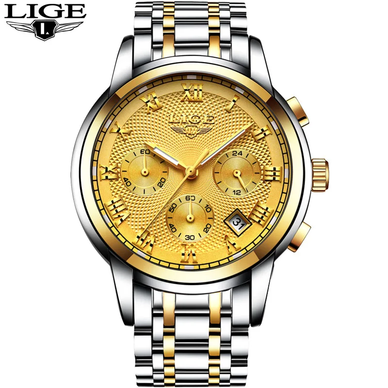 S Full gold Новые мужские часы лучший бренд класса люкс LIGE бизнес Дата кварцевые часы из нержавеющей стали мужские модные водонепроницаемые Хронограф Мужские - Цвет: S Full gold