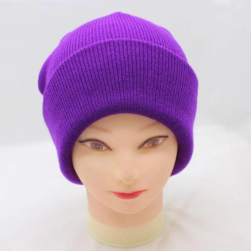 purple Новинка, зимние шапки унисекс, женские, хлопковые, одноцветные, теплые,, в стиле хип-хоп, вязанные шапки для женщин и мужчин, женские шапки Skullies Beanies - Цвет: purple