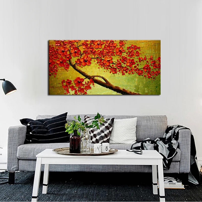 Абстрактная картина с изображением красных цветов дерева холста ножей маслом