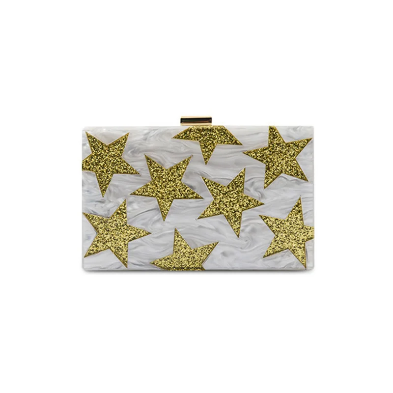 

Для женщин блестящая золотая звезда акриловые кошелек коробка клатчи Сумки из натуральной кожи вечерние сумки на ремне с золотой цепью для ...