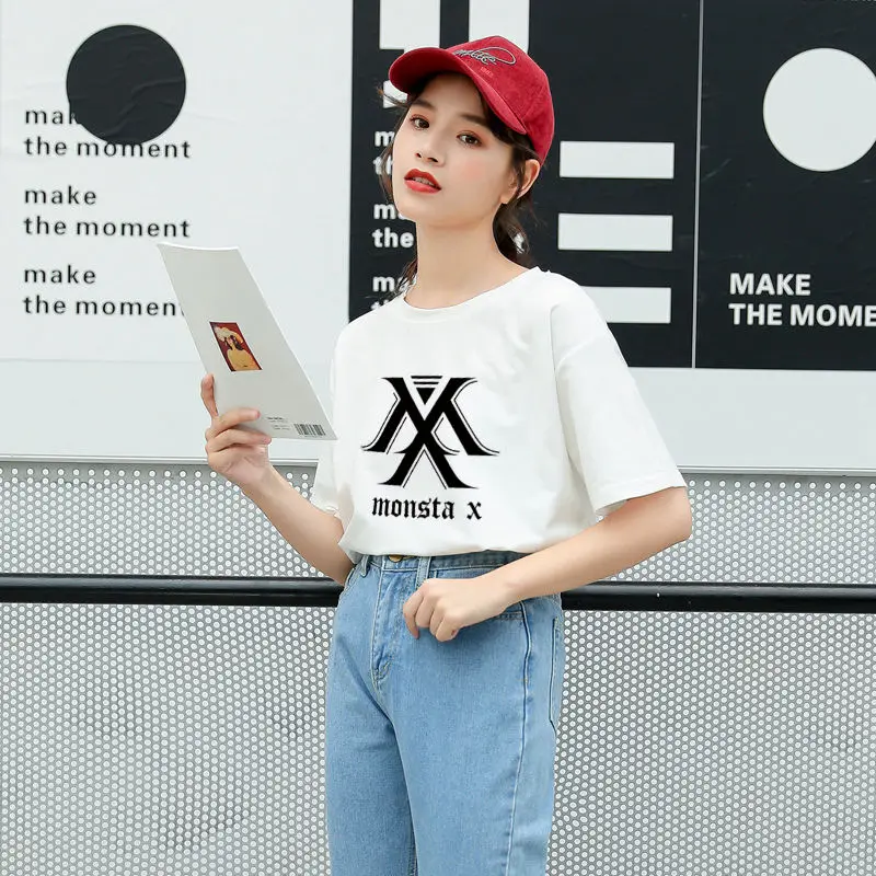 Белый MONSTA X Kpop футболка для женщин в Корейском стиле Ulzzang короткий рукав хлопок топы футболки Летняя мода Повседневная Уличная Harajuku tumblr футболка - Цвет: Белый