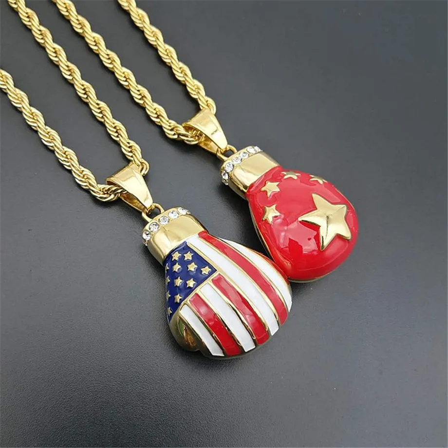 Hip Hop Iced Out Bling Boxing Gloves Pendant Necklace For Men Gold Color Chinese/American Flag Necklaces Male Jewelry | Украшения и