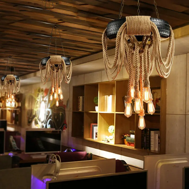 Винтажный подвесной светильник из пеньковой веревки в стиле ретро промышленный