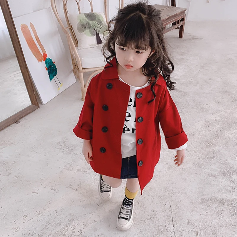 

Girls Black Double Breasted Long Windbreaker Jacket Children's Wear For Hight 80cm-130cm