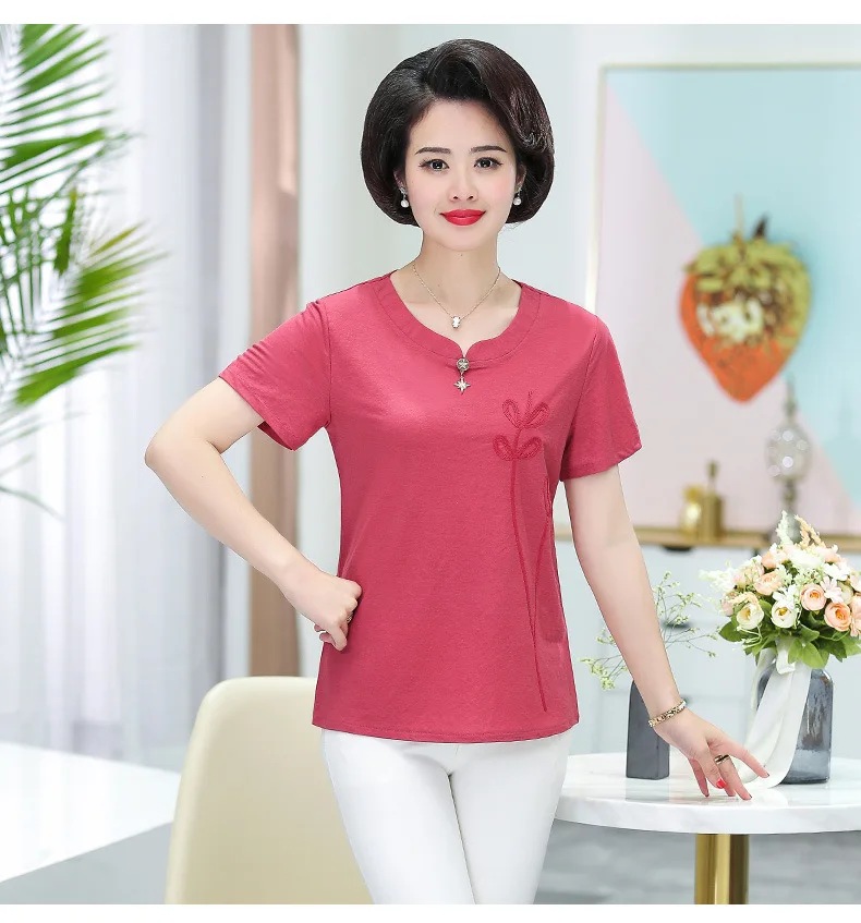 Хлопковые футболки для женщин 5XL, топы с коротким рукавом, лето, новинка, большие размеры, средний возраст, Повседневная футболка для мамы