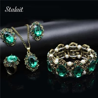 fashion wedding bridal jewelry sets green crystal antique bronze jewelry set necklace earrings bracelet rings christmas gift