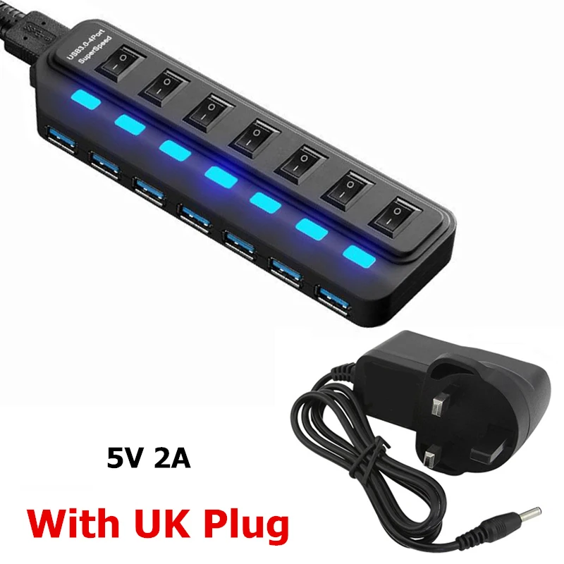 Концентратор USB 3,0, 4, 7 портов, светодиодный выключатель питания, USB высокоскоростной разветвитель, 5 Гбит/с, USB Hab, USB-HUB, EU, US, AU, UK адаптер