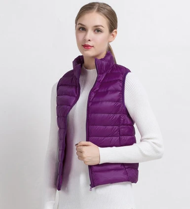 Purple Новинка, женские жилеты, зимний ультра-светильник, жилет на белом утином пуху, Женский Тонкий жилет без рукавов, женский ветрозащитный теплый жилет - Цвет: Purple
