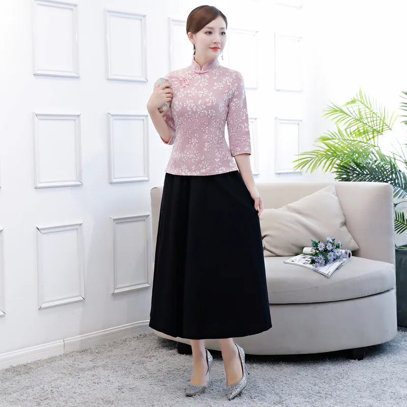 Осенние Топы Cheongsam, повседневные традиционные китайские топы, весенне-летний костюм с рукавами три четверти, фиолетовые Топы