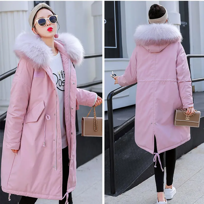 Pink Высокое качество зимние длинные парки женские хлопковые куртки теплая верхняя одежда зимние пальто женский большой меховой воротник с капюшоном пуховик 673 - Цвет: Pink